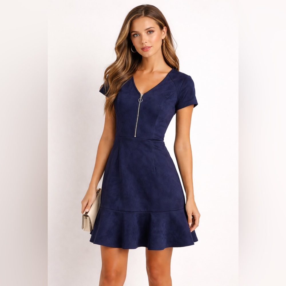 AQUA NWT Navy Faux Suede Fit & Flare Dress XS Short Sleeve Zip Front